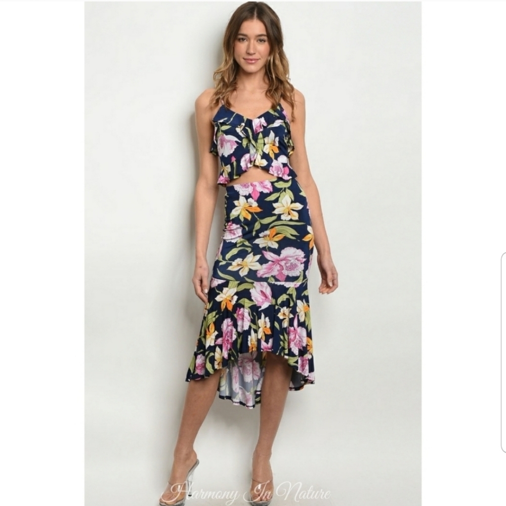 NWT Harmony In Nature 2pc Floral Crop Top High-Low Midi Skirt Set Navy Blue L